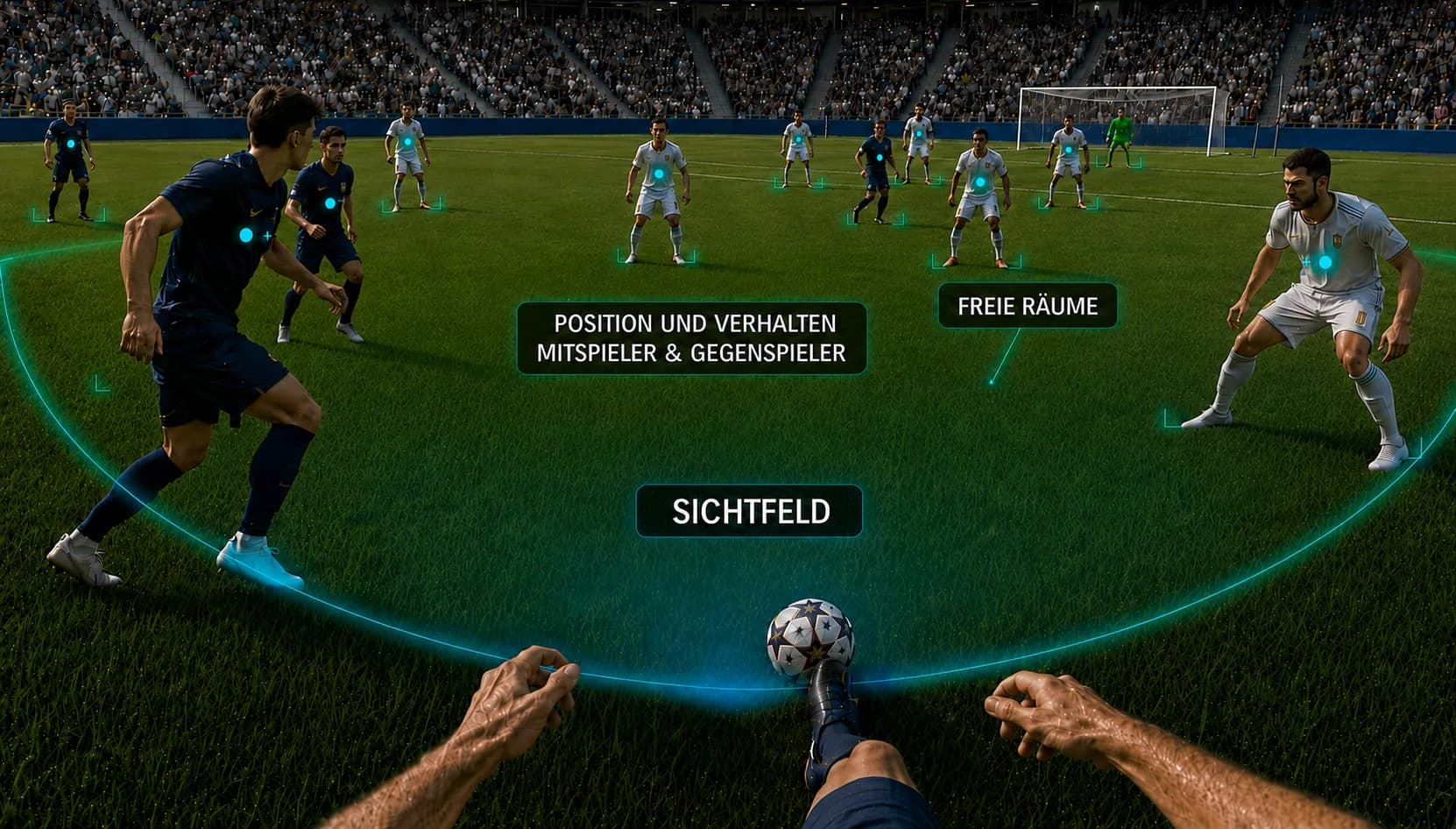 Fußballspieler scannt vor der Ballannahme Gegnerdruck, Mitspieler und freie Räume